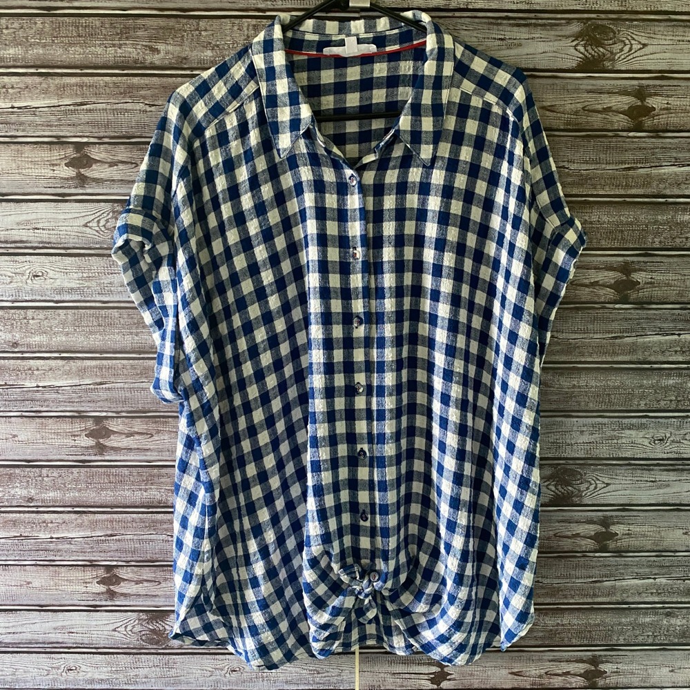 Jane + Delancey Women's Short-Sleeved Button-Down Top Size 2X Gingham Tie Front